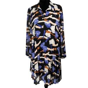 Nine West Pleated Dress Chiffon Shift Abstract Print Long Sleeve Purple Black